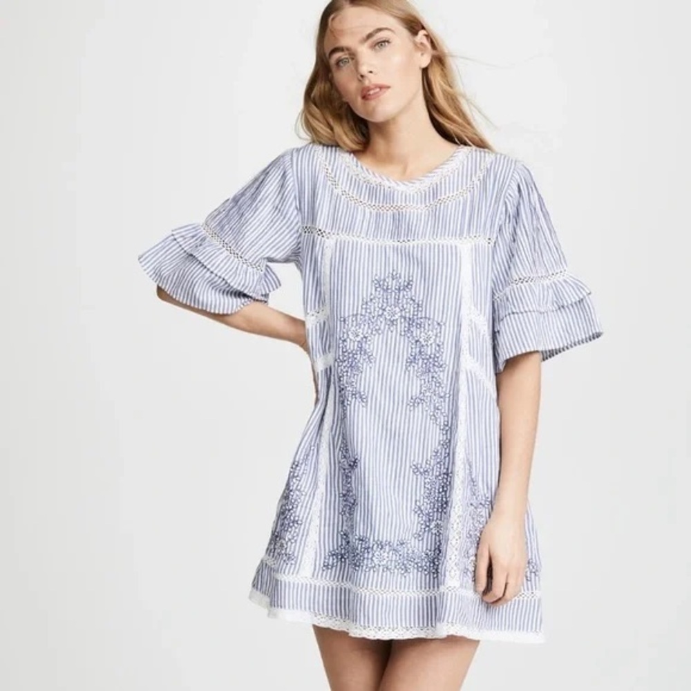Free People Sunny Days Trapeze Dress Embroidered Striped Sz S